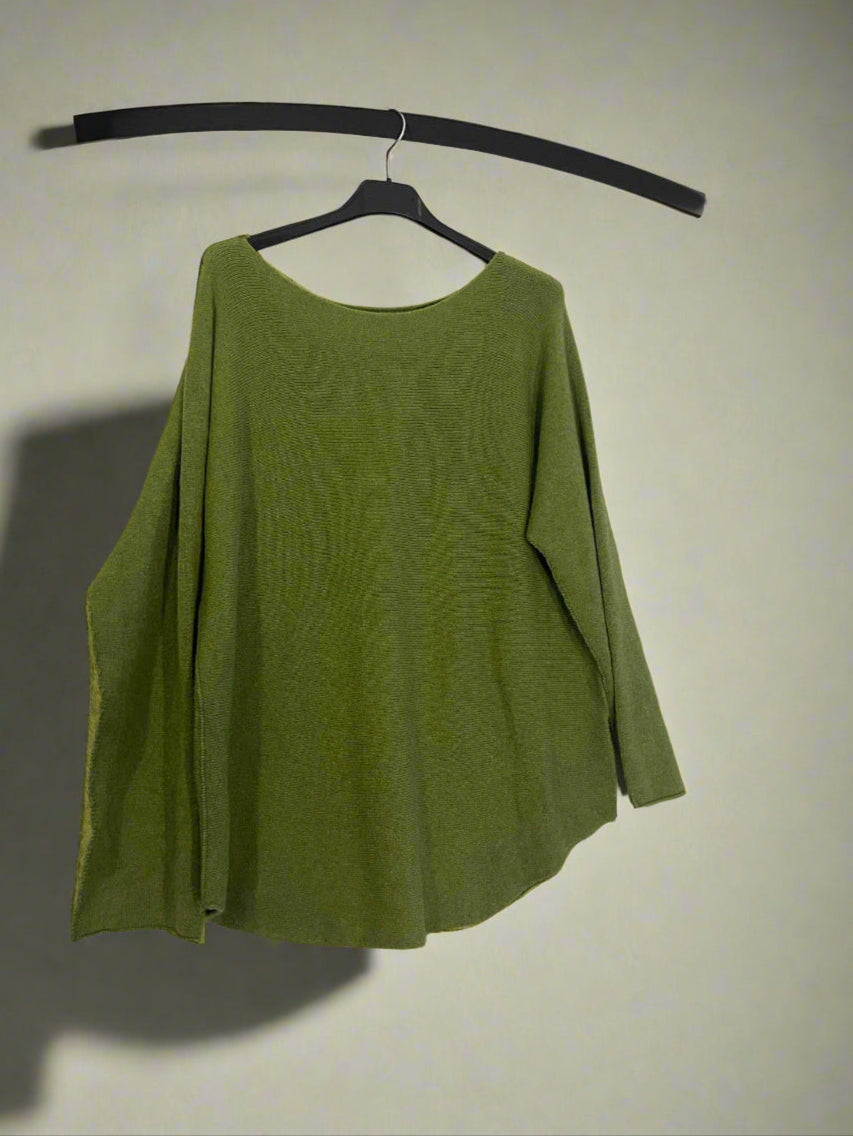 Green sweater on a white surface with a black circular object