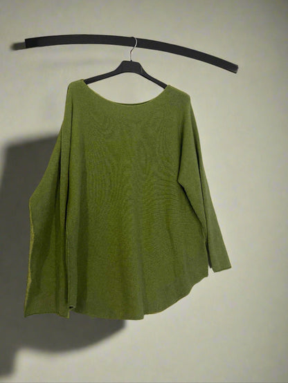 Green sweater on a white surface with a black circular object